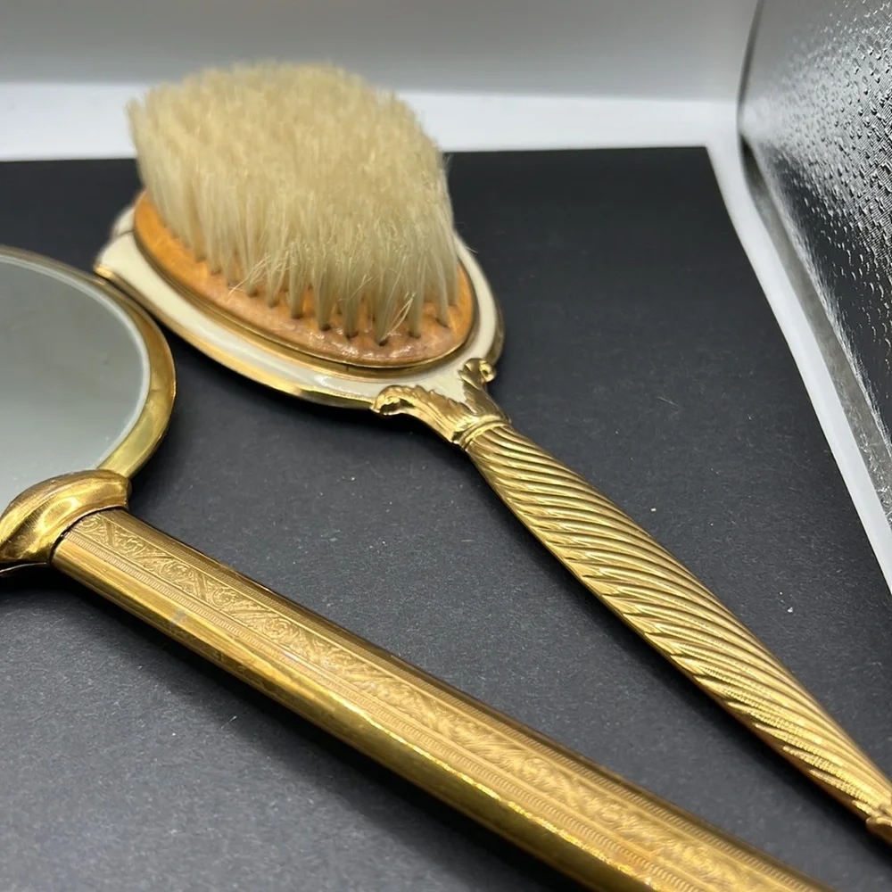 Vintage cameo hand mirror and brush set